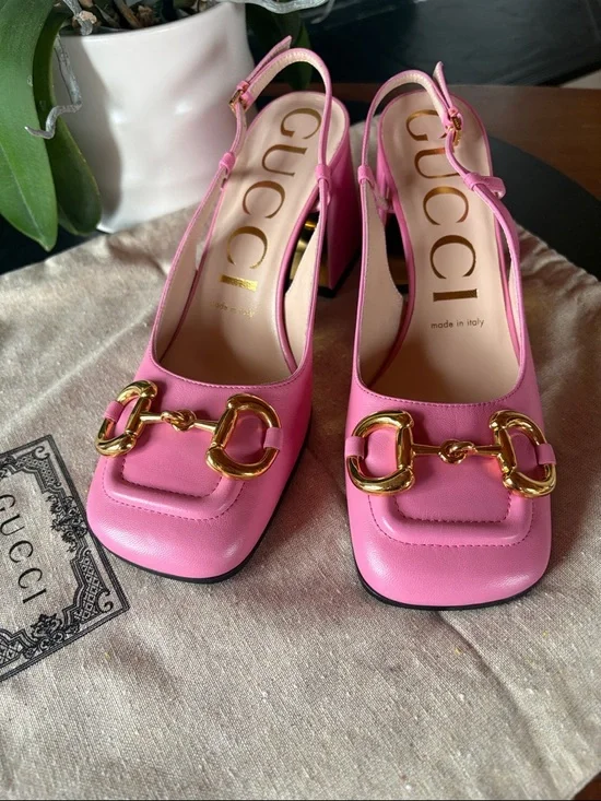 Gucci Pink Leather Horsebit Slingback Heels - Picture 2 of 11